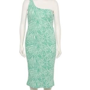 Nine West one Shoulder Green And White Cotton Knit Ribbed Midi Dress NWT XXL